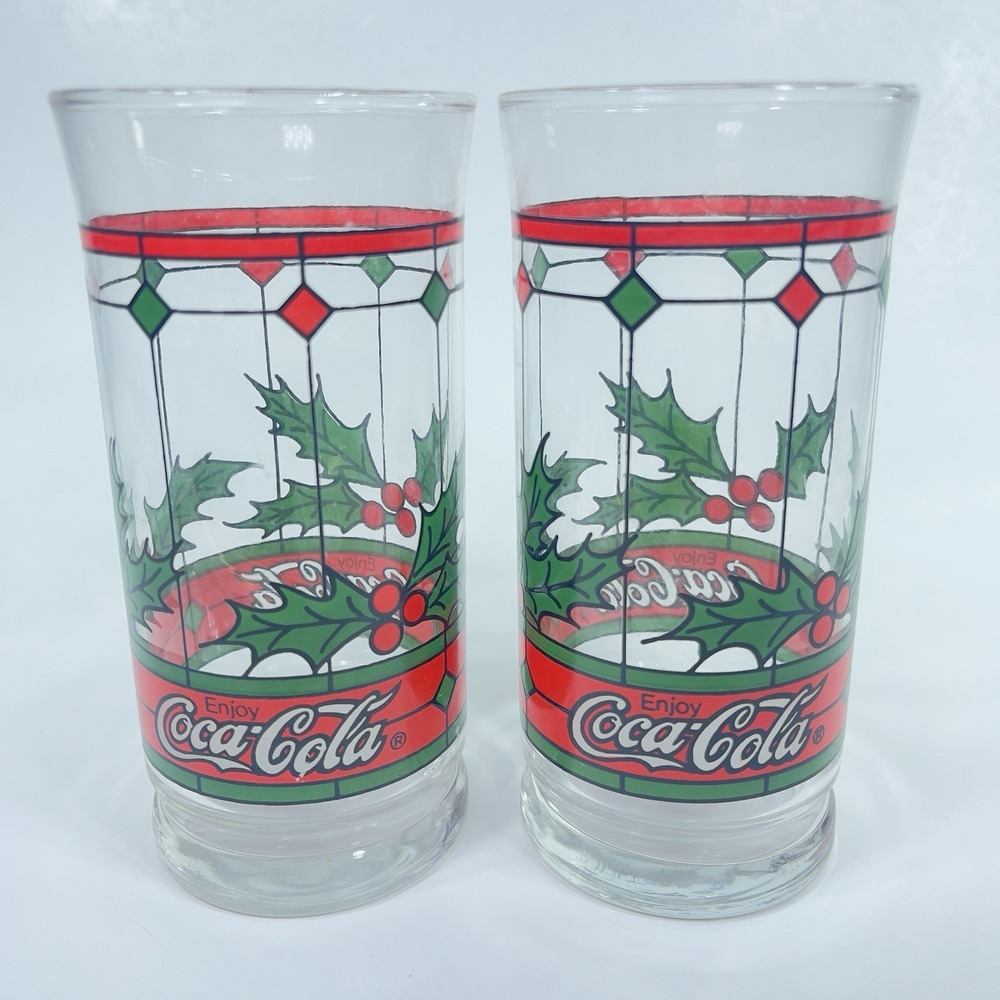 Vintage COCA COLA Christmas Holly Berry Stained Glass Drinking Glasses Set‎ Of 2